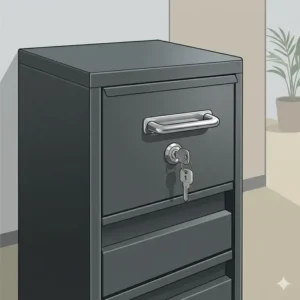 2: Grey industrial steel filing cabinet with key turned inside the top drawer lock mechanism.