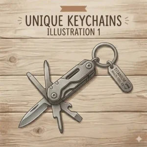 A functional and unique keychain for everyday carry featuring a compact titanium multi-tool, a mini flashlight, and a solid brass quick-release carabiner.