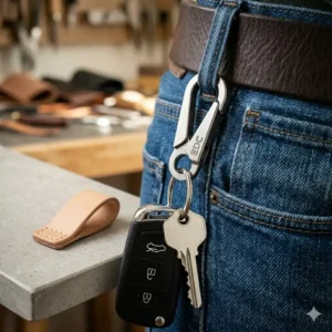 Illustration showing how to securely fasten a quick-release key clip to a standard trouser belt loop.