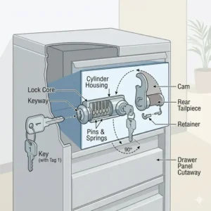 3: Technical diagram of a cylinder cam lock installation on a wooden cabinet with key turning ninety degrees.