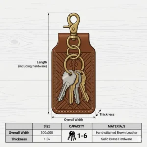 Graphic illustration demonstrating how many keys can fit inside a snap closure leather key holder organizer.