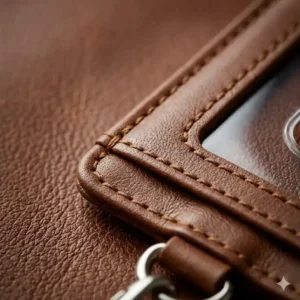 A detailed close-up shot showing the grain and stitching quality of a genuine id card holder leather.