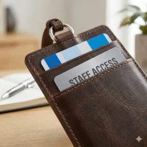 Illustration showing the back of an id badge card holder leather with two additional credit card slots.