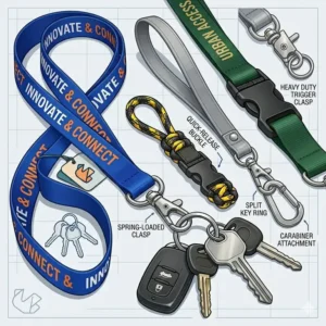 Close up vector illustration of a detachable key ring lanyard showing the metal swivel snap hook and quick release plastic buckle.