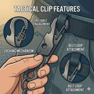 A rugged tactical clip attached to a belt loop, showcasing the security features of the most awesome keychains for outdoor gear.