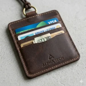The back view of an id holder leather displaying multiple card slots and a slim profile.