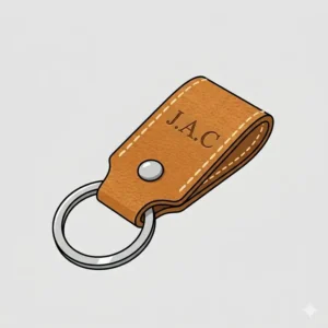 An illustration of a personalized leather key chain stamped with custom initials.