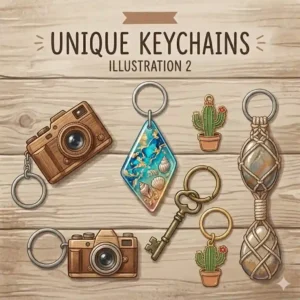 Handcrafted unique keychains made from premium brown leather, stamped with custom initials and fitted with antique brass hardware.