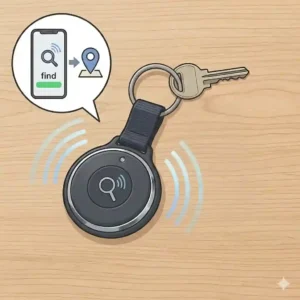 A digital graphic of a smart Bluetooth tracker attached to a keychain, highlighting tech-driven key accessories used for tracking lost items via a smartphone app.