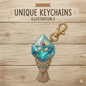 Vibrant and unique keychains crafted from clear epoxy resin, embedding real dried flowers and gold leaf flakes in geometric shapes.