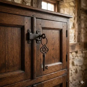 4: Vintage rustic wood storage cabinet with key featuring an ornate skeleton bow design hanging from the door latch.