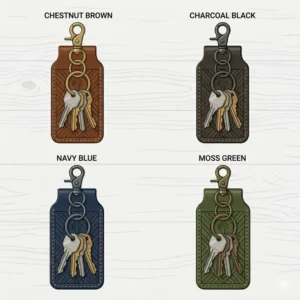 An array of options in black, tan, navy, and dark brown colors for a genuine leather key holder.