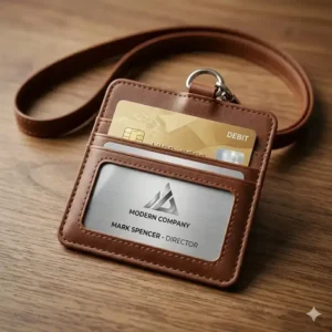 The back view of a tan id card holder leather featuring multiple slots for credit cards.