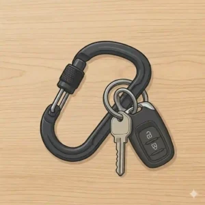 Illustration demonstrating a quick-release tactical carabiner clip, showcasing durable key accessories designed for outdoor and utility use.