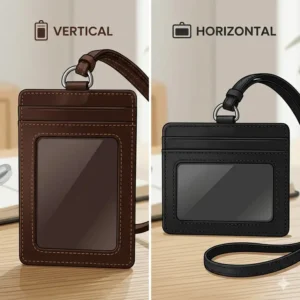 A side-by-side comparison of vertical and horizontal id badge card holder leather in black and tan.