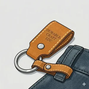 A tan loop strap leather key chain snapped around a person's belt loop.