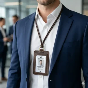 A professional businessman in a formal suit wearing a sleek black id holder leather.