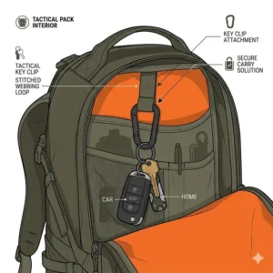 Close-up diagram of a spring-loaded carabiner key clip showing the locking gate mechanism.