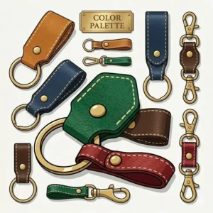 A collection of leather key chain items displayed in various colors including navy blue, emerald green, and classic brown.