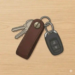 A detailed graphic representation of custom leather key accessories, featuring a classic monogrammed leather loop with brass hardware.