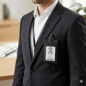 A professional wearing a black id badge card holder leather clipped to a formal suit.