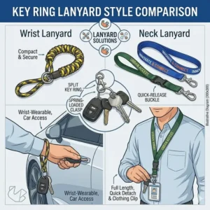 Side by side comparative illustration displaying a short wristlet key ring lanyard next to a full length neck strap lanyard.