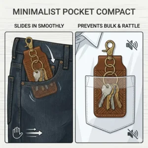 A minimalist leather key holder sliding smoothly into a pair of mens denim jeans pockets.