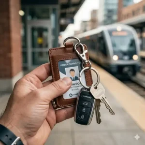 A person holding a minimalist id card holder leather attached to a metal keyring and car keys.