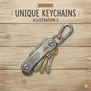 A sleek, minimalist key organizer sleeve made of matte grey titanium, showing how keys fold neatly inside to prevent jingling.