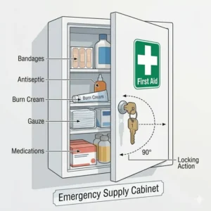 5: White wall-mounted emergency first aid medicine cabinet with key locking mechanism on a glass panel door.