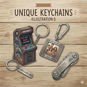 Creative and unique keychains showcasing highly detailed miniature replicas of a retro gaming console and a barista coffee handle.