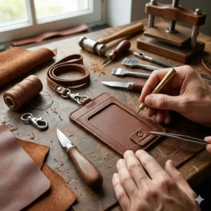 A artisan's hands carefully crafting a handmade id card holder leather using traditional tools.