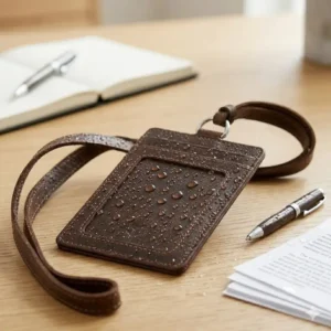 A durable, water-resistant id badge card holder leather displayed on a wooden desk.