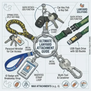 Graphic illustration detailing multiple items attached to a key ring lanyard including car keys, a house key, and a USB flash drive.