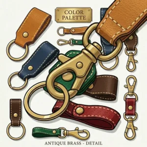 Detailed graphic showing the durable brass clip and clasp attached to a sturdy leather key chain.