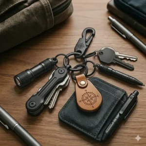 A flat-lay arrangement of essential everyday carry items featuring the most awesome keychains paired with a small flashlight.