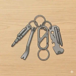 An exploded view illustration of compact multi-tool key accessories, highlighting a mini screwdriver, bottle opener, and pry bar attached to a single ring.