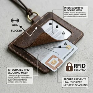 Digital illustration explaining the internal RFID blocking technology of an id holder leather.