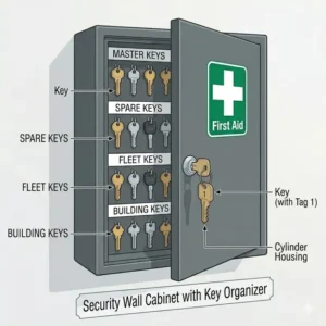 6: Heavy-duty steel wall security cabinet with key tags hanging neatly on interior metal hooks.