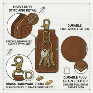 Close up technical illustration highlighting the heavy duty stitching and brass hardware of a durable leather key holder.