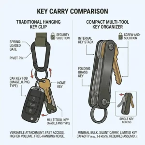 Slim profile key clip designed to hang keys vertically inside a pocket to reduce bulk and noise.