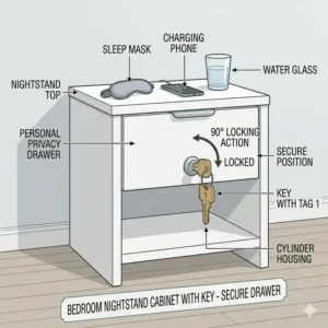 7: Minimalist white bedroom nightstand cabinet with key locking the top personal privacy drawer.