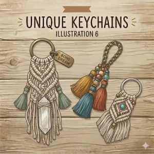 Bohemian style unique keychains featuring intricate woven macrame knots and soft cotton fringes in pastel cream and sage green colors.