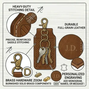 A custom monogrammed leather key holder neatly packed in a luxury gift box with a ribbon.