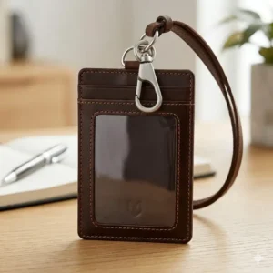 An illustration of an id badge card holder leather featuring both a heavy-duty metal clip and a detachable strap.