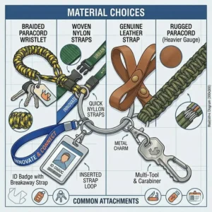 Textured digital illustration showcasing a braided paracord key ring lanyard compared with a sleek leather strap style.