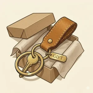 A luxury genuine leather key chain beautifully presented inside an open kraft paper gift box.
