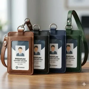 A professional display of several id card holder leather options in black, navy blue, and forest green.