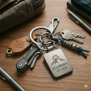 A premium stainless steel keychain with custom engraving, highlighting the style and personalization of the most awesome keychains.