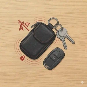 Diagram of a protective signal-blocking Faraday pouch, illustrating secure key accessories designed to prevent car fob hacking and relay theft.